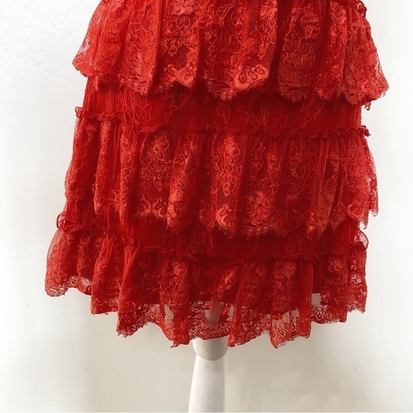 ML MONIQUE LHUILLIER RED LACE SLEEVELESS TIERED COCKTAIL DRESS - 4 - Picture 6 of 10